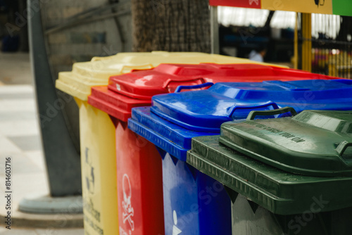 Outdoor public trash can used for garbage disposal and garbage separation for environmental protection and cleanliness concept in vintage tone background.