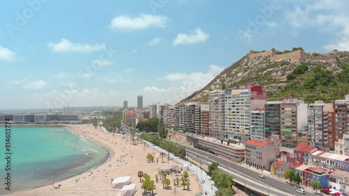 Alicante, Spain: Aerial view of beach Playa del Postiguet, beach in famous Spanish summer tourist resort by Mediterranean Sea on Costa Blanca - landscape panorama of Europe from above
 photo