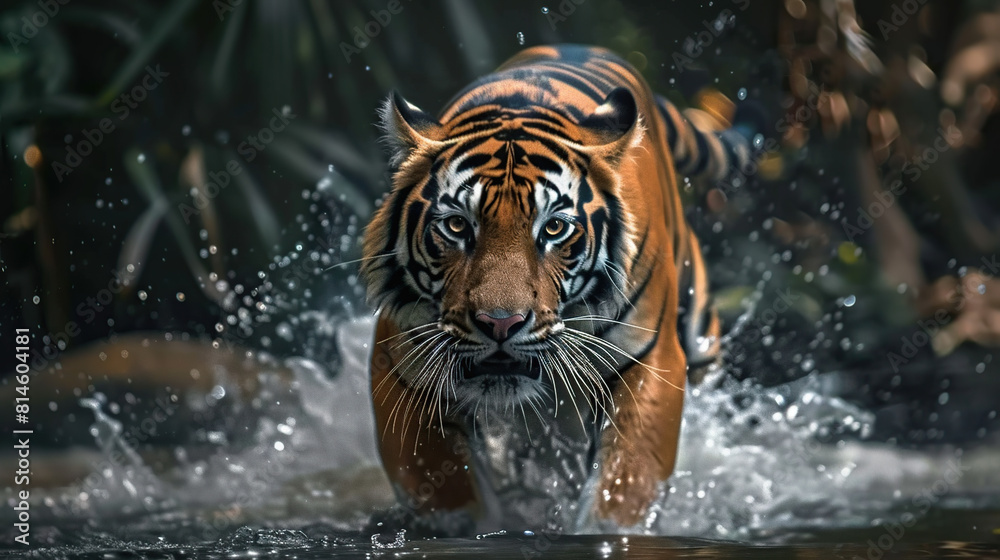 Tiger walking through a river. Generative AI Tiger walking through a river. Generative AI