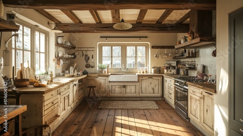 A large  wood-paneled kitchen with a wooden island and a large oven
