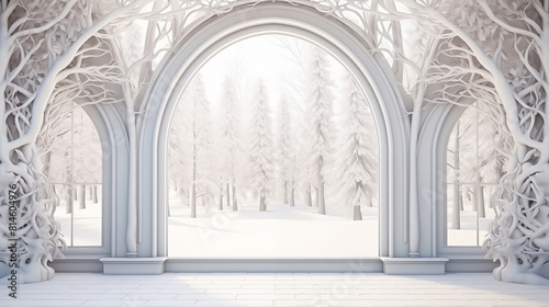 3D render of a white arch with a window  in a fantasy background  winter landscape