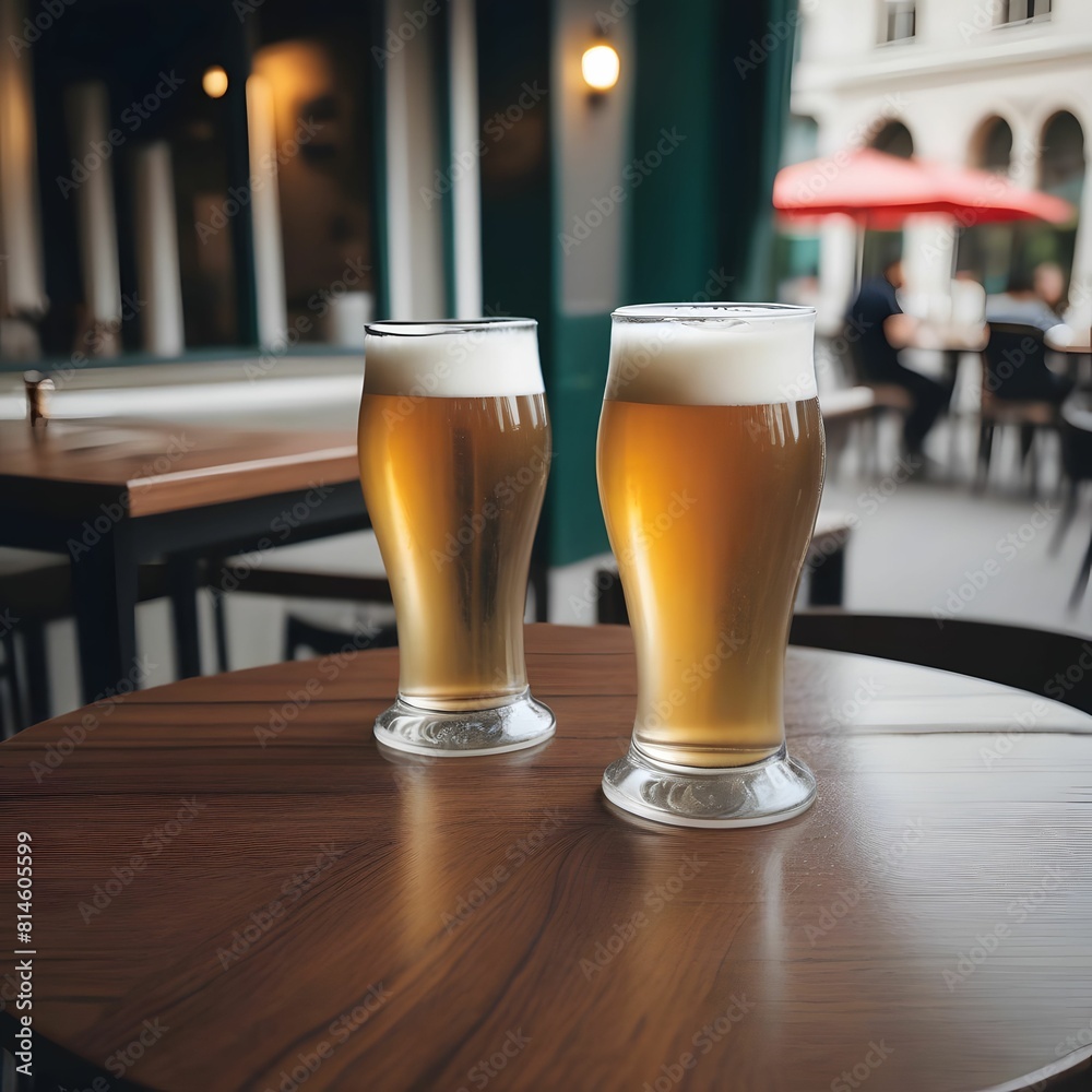 Two Glasses Filled with Beer on a Table Two Glasses Filled with Beer on a Table