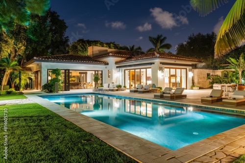 Luxury villa with swimming pool and patio furniture's at night