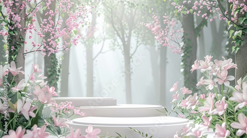 3d podium stage in the flowers forest background 