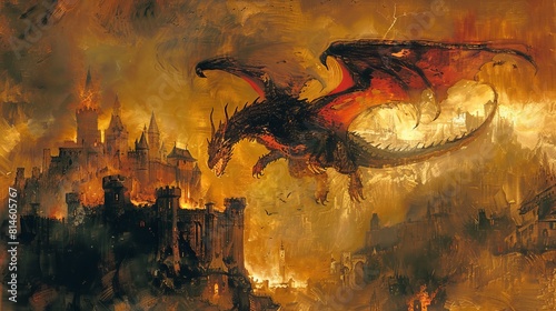 A majestic dragon flying over a medieval castle amid a stormy sky