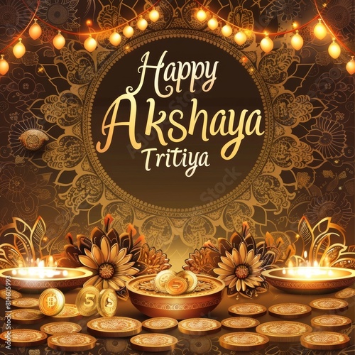 A richly decorated Akshaya Tritiya greeting featuring traditional Indian diyas, florals, and gold coins symbolizing prosperity and luck. photo