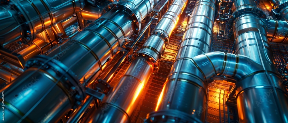 Closeup image of a dense network of steel pipelines at a petroleum refinery, showcasing the complex industrial engineering involved Closeup image of a dense network of steel pipelines at a petroleum refinery, showcasing the complex industrial engineering involved