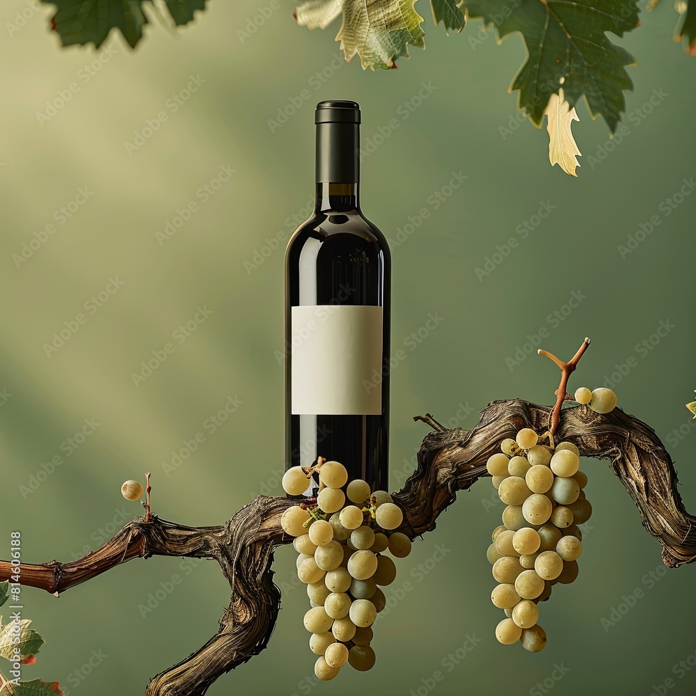A bottle of red wine stands on the branch of a grapevine, with two bunches of white grapes growing on the vine. 