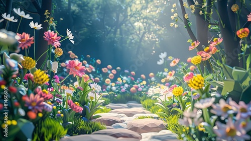3d stage in the flowers forest background 