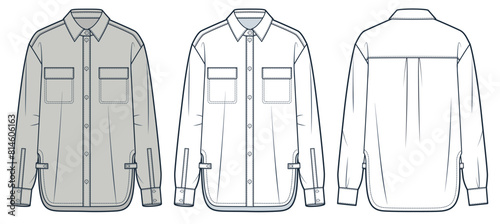 Unisex Shirt technical fashion Illustration. Classic Shirt fashion technical drawing template, button, side slit, oversize, pocket, front, back view, white, beige, women, men, unisex CAD mockup set.