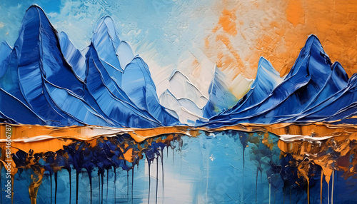 Abstract blue color acrylic painting on canvas. Natural landscape with mountains. Oil painting. photo