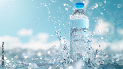 A bottle of water. Elements: Clear ice cubes, a splash effect. Background
