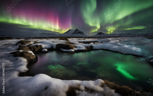 Aurora borealis over an Icelandic hot spring  magical night  steam rising  celestial dance