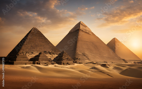 Ancient pyramids of Giza at sunrise  historic marvels  warm light  Cairo s outskirts