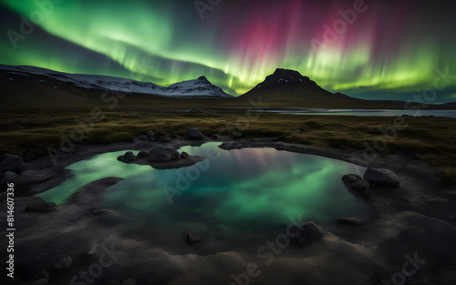 Aurora borealis over an Icelandic hot spring  magical night  steam rising  celestial dance