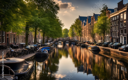 Calm morning on the canals of Amsterdam, Netherlands, historic buildings, reflective water, peaceful photo
