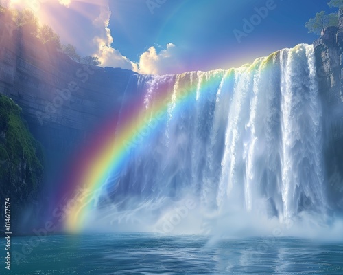 A bright  colorful rainbow spanning across a misty waterfall  golden ratio composition  crisp edges  8k resolution