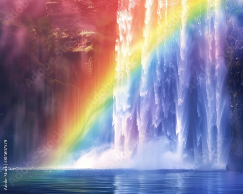 A bright, colorful rainbow spanning across a misty waterfall, golden ratio composition, crisp edges, 8k resolution © ishootgood