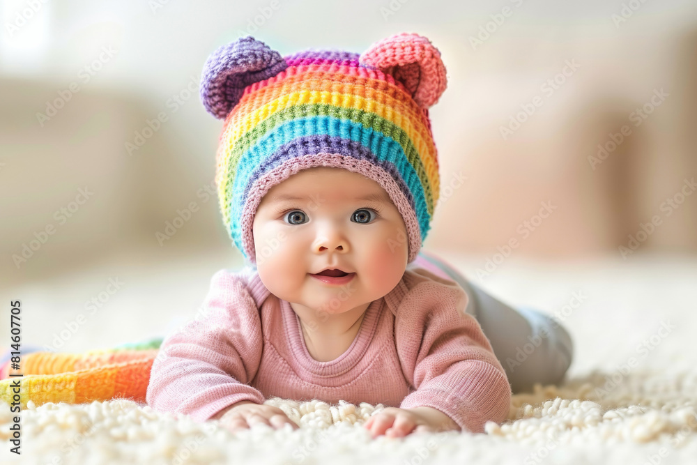 In a cozy studio, an adorable baby girl lies on a knitted blanket, wearing a sweet rainbow hat. In a cozy studio, an adorable baby girl lies on a knitted blanket, wearing a sweet rainbow hat.