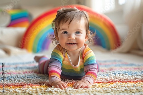 In the cozy nursery, a cute baby girl lies on a colorful blanket, radiating innocence and joy.