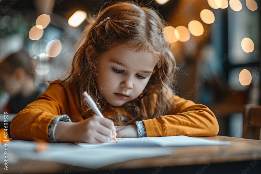 Cute student writing at a table in a classroom in an elementary school. A student takes a test in elementary school. Children writing notes in class Cute student writing at a table in a classroom in an elementary school. A student takes a test in elementary school. Children writing notes in class