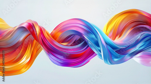 3D rendering of a colorful twisted ribbon in motion on a light background, smooth multicolored wave shapes, smooth curves. Generative AI © lesikvit