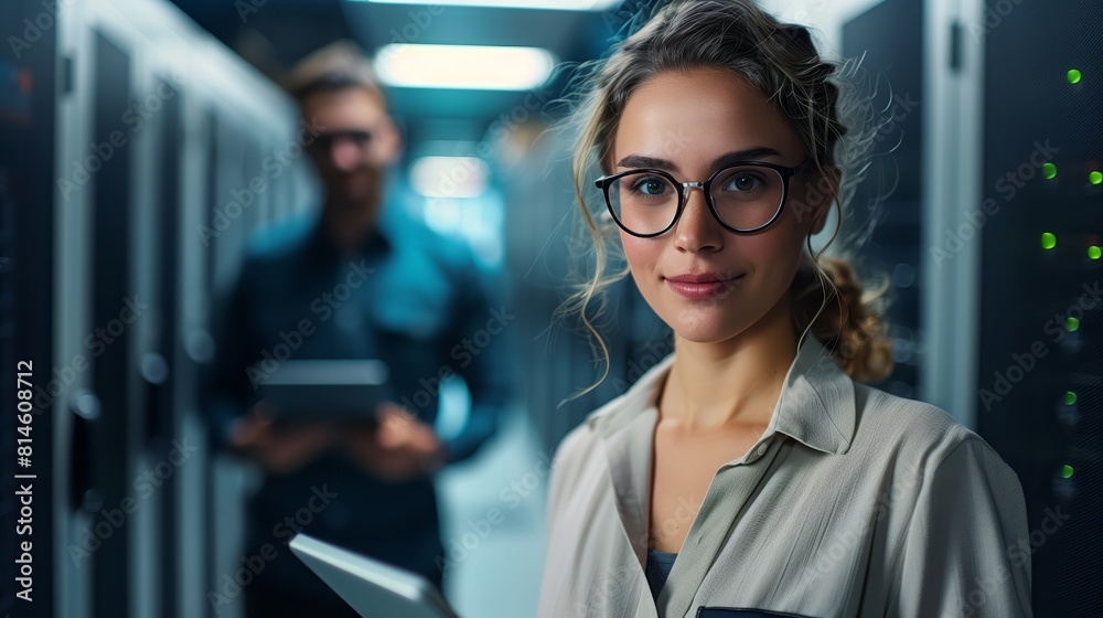 Fototapeta premium A portrait of an attractive female IT professional standing amidst the advanced data center environment