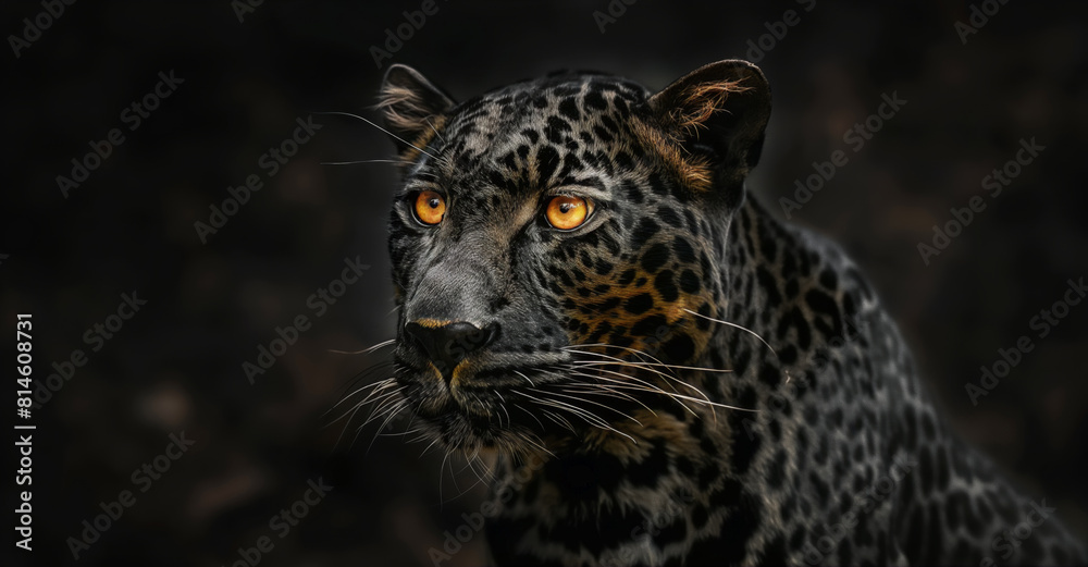 Obraz premium Stunning close-up image of a majestic jaguar with intense amber eyes, highlighted against a dark background, showcasing the intricate patterns and textures of its fur