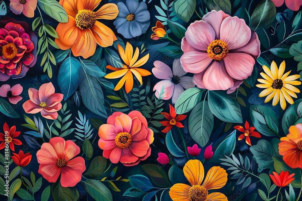 Lush floral pattern with vivid flowers and leaves, background for invitation Lush floral pattern with vivid flowers and leaves, background for invitation