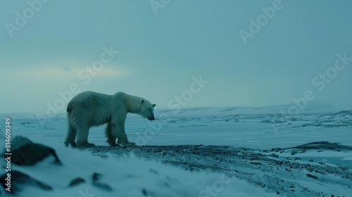 Intimate moment captured as a polar bear stands majestically against the backdrop of a vast icy wilderness, its gaze fixed on the horizon in search of prey. 