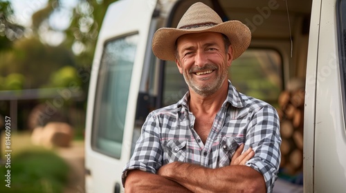 A portrait of an attractive middle-aged farmer standing with arms crossed