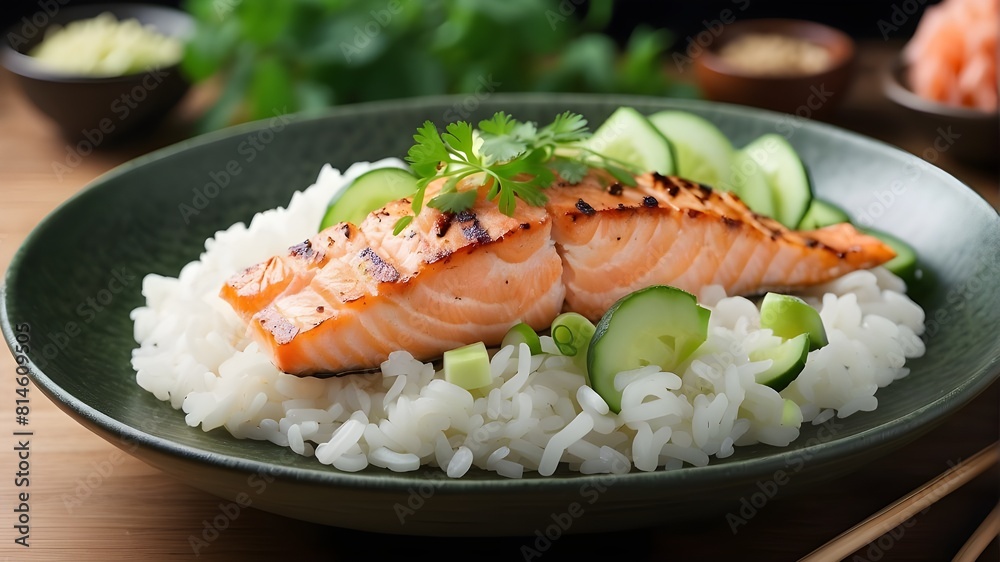Each bite of the steamed rice offers a lovely sensory experience as its soft and fluffy texture contrasts with the crispness of the cucumber slices and the tender flakiness of the grilled salmon. Each bite of the steamed rice offers a lovely sensory experience as its soft and fluffy texture contrasts with the crispness of the cucumber slices and the tender flakiness of the grilled salmon.