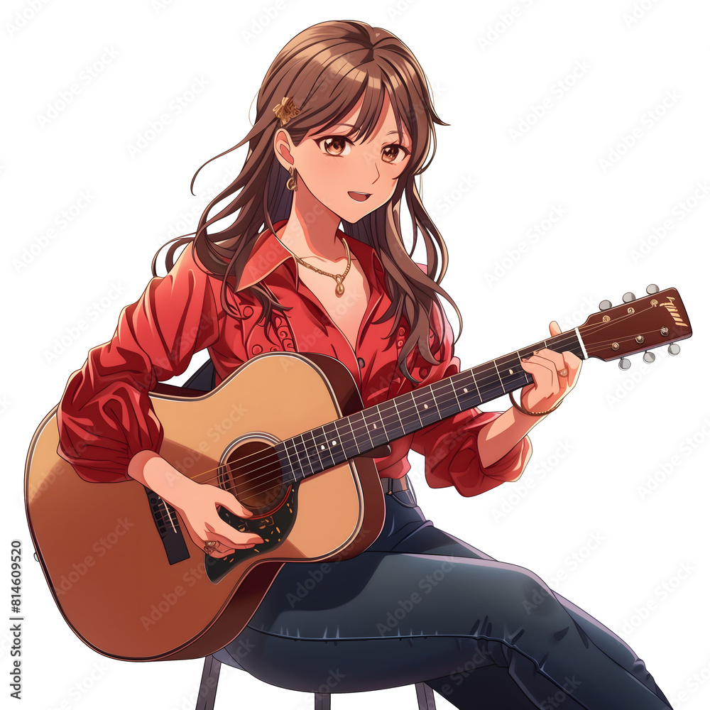 Obraz premium Anime girl in red shirt sitting on a chair and playing a guitar on transparent background.