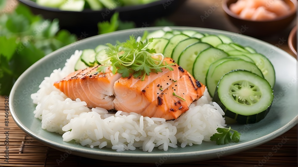 Each bite of the steamed rice offers a lovely sensory experience as its soft and fluffy texture contrasts with the crispness of the cucumber slices and the tender flakiness of the grilled salmon. Each bite of the steamed rice offers a lovely sensory experience as its soft and fluffy texture contrasts with the crispness of the cucumber slices and the tender flakiness of the grilled salmon.