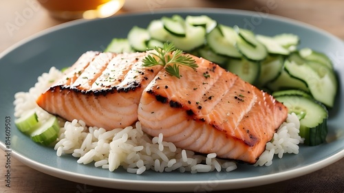 Each bite of the steamed rice offers a lovely sensory experience as its soft and fluffy texture contrasts with the crispness of the cucumber slices and the tender flakiness of the grilled salmon. photo
