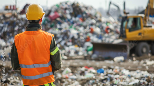 A man in a yellow vest stands in front of a pile of trash