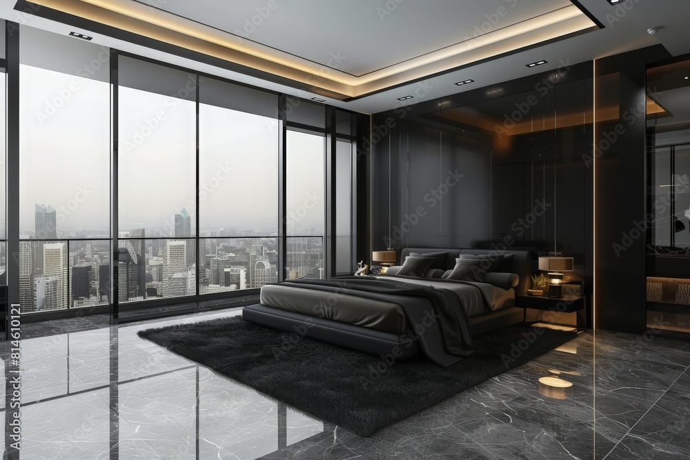 Modern matte black bedroom interior with large windows. Master bedroom ...