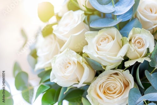 Close-up shot of a delicate bouquet featuring white roses and lush eucalyptus leaves with a soft-focus background  conveying elegance and simplicity in floral design