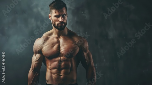 Man with toned physique showcasing the results of a motivational workout. copy space background 