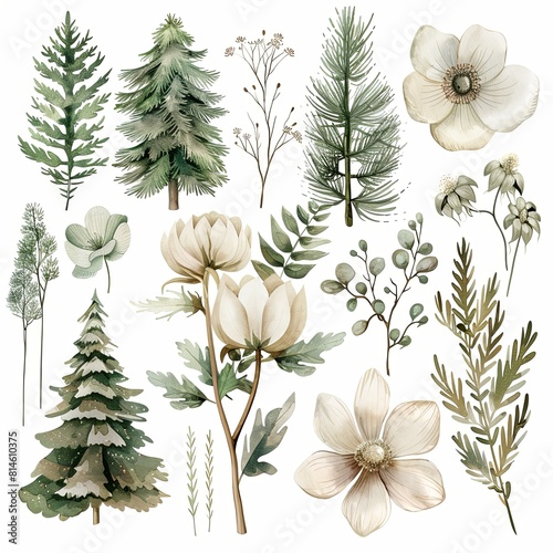 watercolor beautyful cute flower clip art set, pine trees, evergreen flower, archway clipart, neutral color palette, isolated on white background, high detail, in the style of hyperrealism photo
