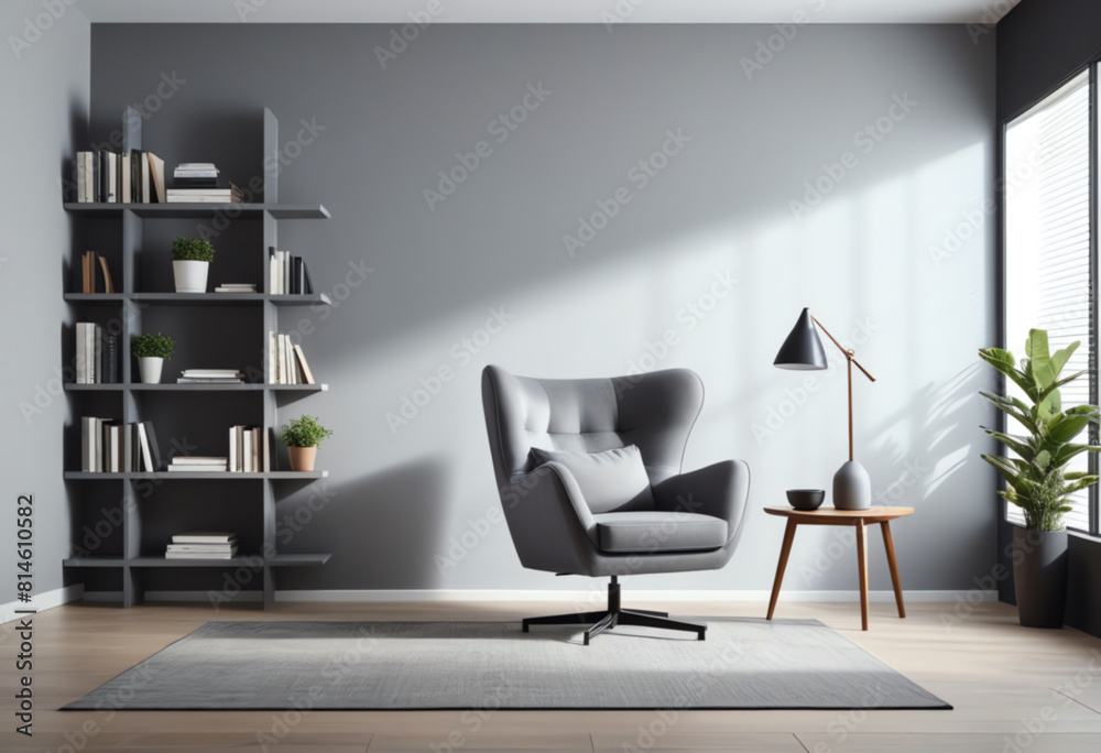 working room interior with gray arm chair and book shelf working room interior with gray arm chair and book shelf