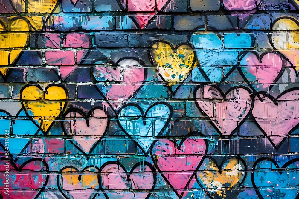 Brick wall with painted hearts in graffiti style Brick wall with painted hearts in graffiti style