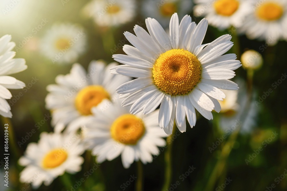 Daisies or chamomile flowers in a field. Shallow depth of field