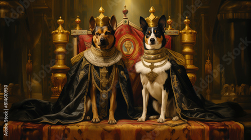 Ironic animal 3D portrait, German shepherd, Dog, Art, Feline, King. AT THE COURT OF THE GERMAN SHEPHERDS! Three-dimensional illustration of 2 crouching royal pets surrounded by their riches