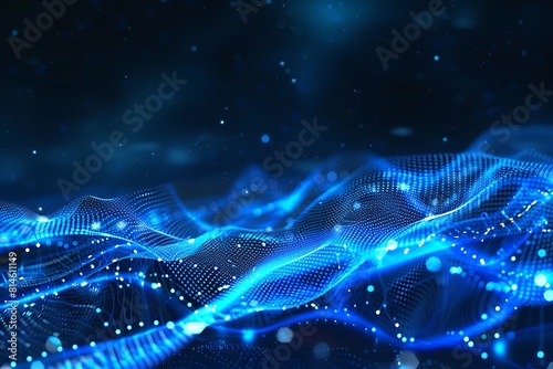 Abstract blue tech background with digital waves  dynamic network system  artificial neural connections  cyber quantum computing and electronic global intelligence