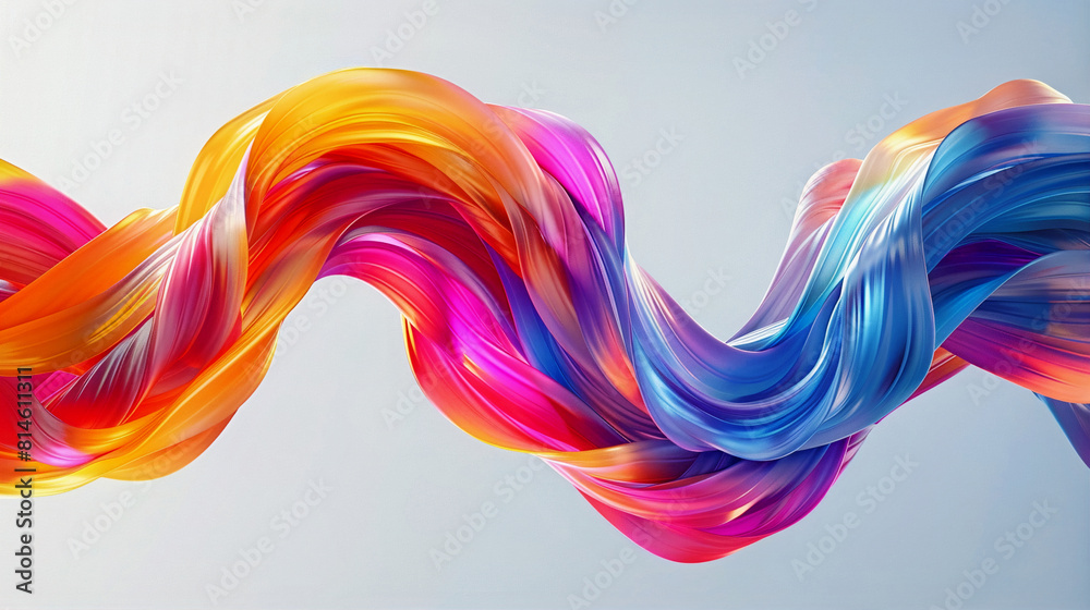Fototapeta premium 3D rendering of a colorful twisted ribbon in motion on a light background, smooth multicolored wave shapes, smooth curves. Generative AI
