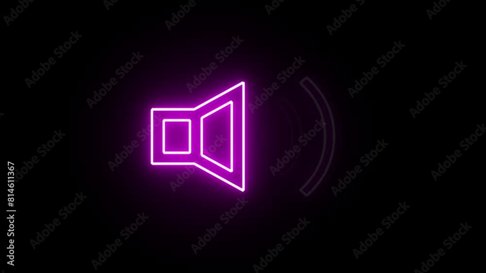 Glowing neon purple sound icon audio music speaker animation on black background. Volume with sound wave animated sign. Sound on icon speaker.