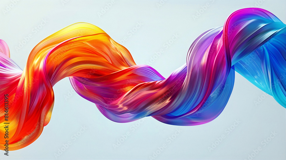 Obraz premium 3D rendering of a colorful twisted ribbon in motion on a light background, smooth multicolored wave shapes, smooth curves. Generative AI