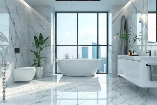 Modern white marble bathroom interior with window view and equipment. Design  style and real estate concept. 3D Rendering