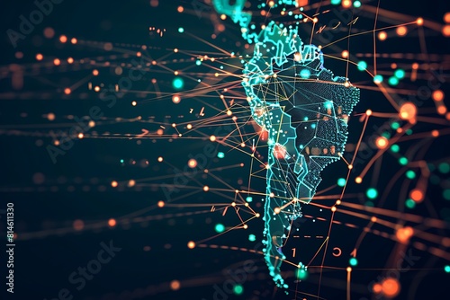 Abstract digital map of South America, concept of global network and connectivity, data world transfer and cyber technology, information exchange and telecommunication